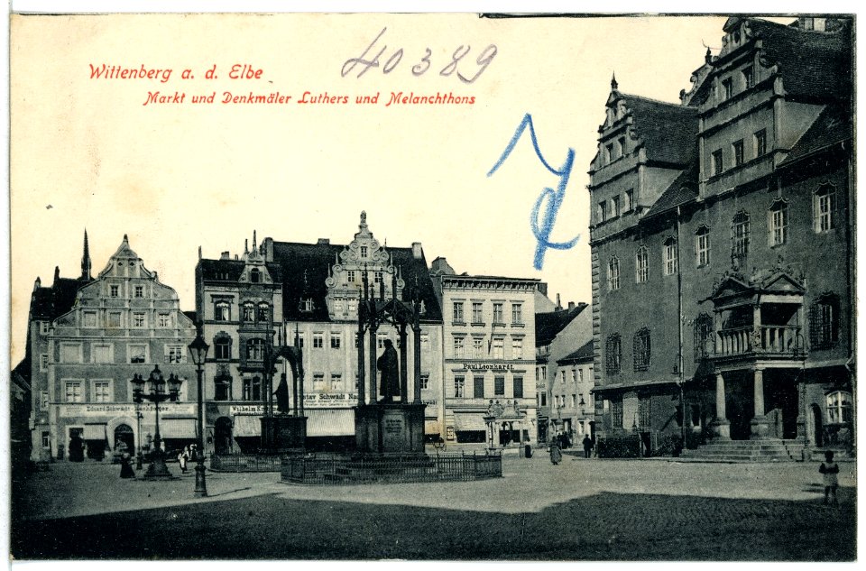 12844-Wittenberg-1911-Markt mit den Denkmälern Luthers und Melanchthons-Brück & Sohn Kunstverlag