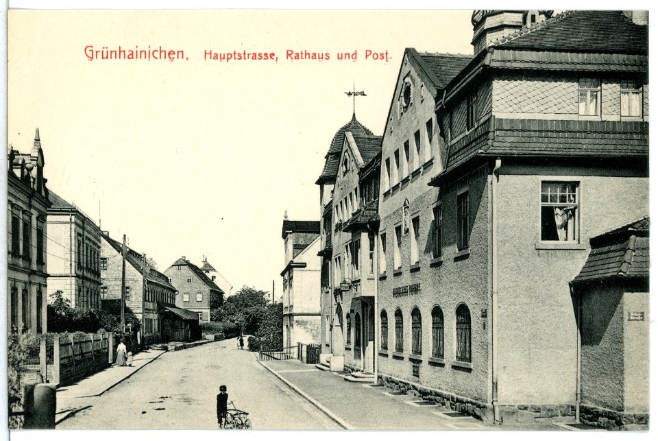 13046-Grünhainichen-1911-Hauptstraße, Rathaus und Post-Brück & Sohn Kunstverlag