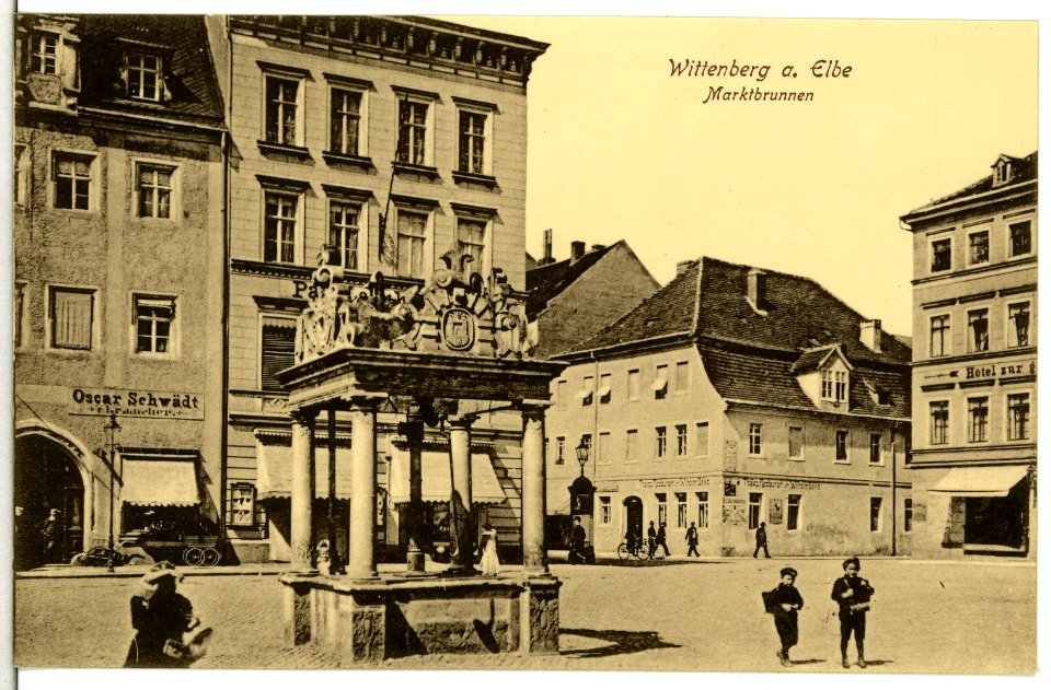 12956-Wittenberg-1911-unterer Marktbrunnen Markt und Marktbunnen-Brück & Sohn Kunstverlag