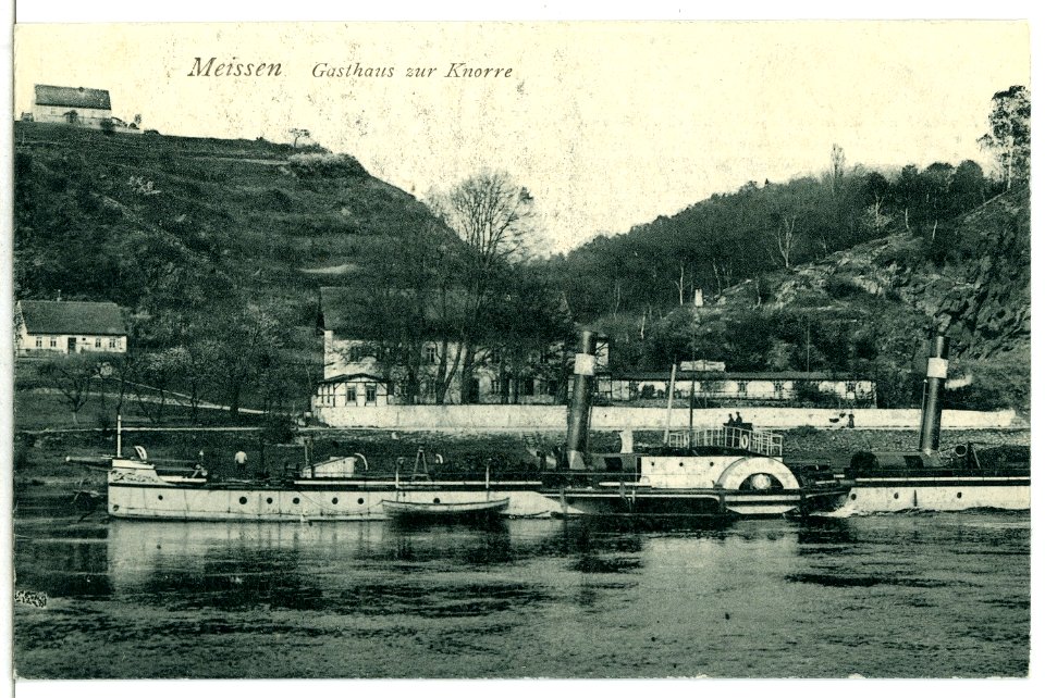 13055-Meißen-1911-Gasthaus zur Knorre - Elbe mit Schlepper-Brück & Sohn Kunstverlag