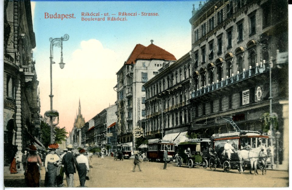 13754-Budapest-1912-Rakoczi-Straße mit Straßenbahnen und Verkehr-Brück & Sohn Kunstverlag