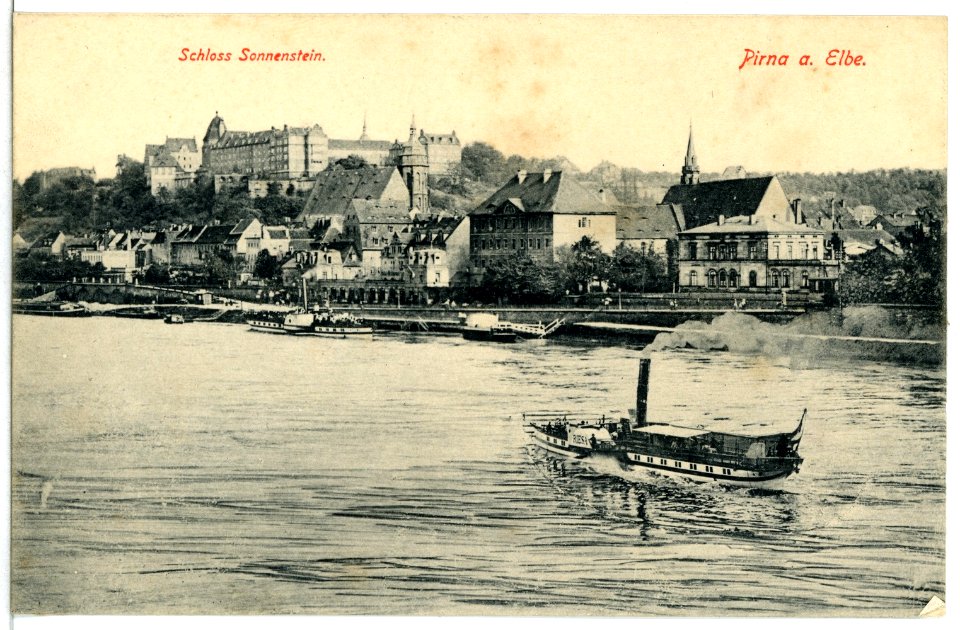 12497-Pirna-1911-Schloß Sonnenstein - Elbe mit Dampfer Riesa-Brück & Sohn Kunstverlag