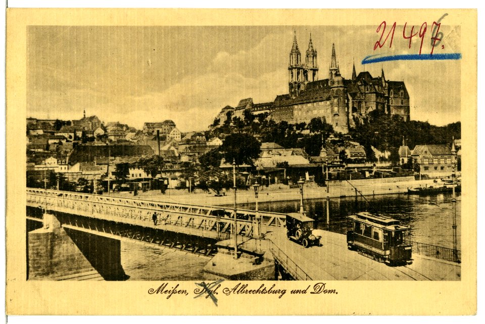 13342-Meißen-1911-Albrechtsburg und Dom - Elbbrücke mit Straßenbahn-Brück & Sohn Kunstverlag