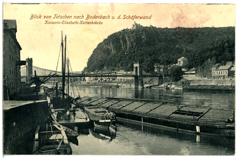 13377-Bodenbach-1911-Schäferwand - Elbe mit Lastkahn und Booten-Brück & Sohn Kunstverlag