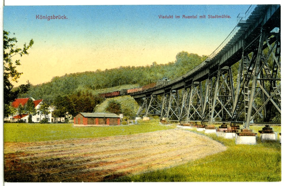 13086-Königsbrück-1911-Viadukt im Auental mit Eisenbahn und Stadtmühle-Brück & Sohn Kunstverlag