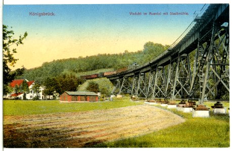 13086-Königsbrück-1911-Viadukt im Auental mit Eisenbahn und Stadtmühle-Brück & Sohn Kunstverlag