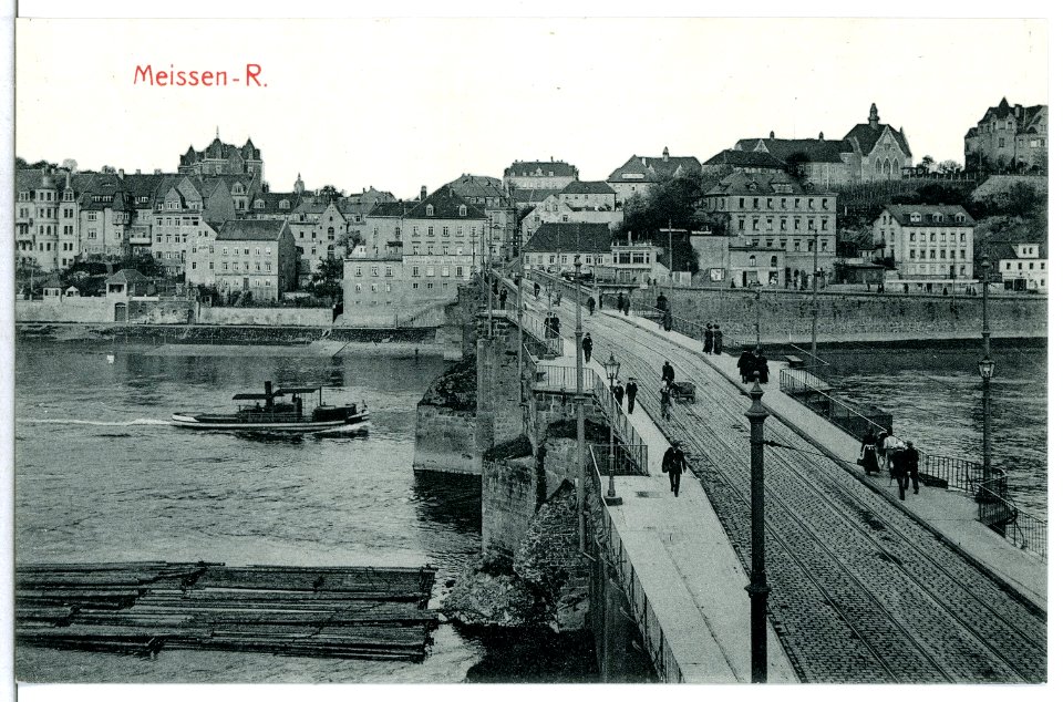 13234-Meißen-1911-Elbbrücke mit Fähre und Niederfähre-Brück & Sohn Kunstverlag