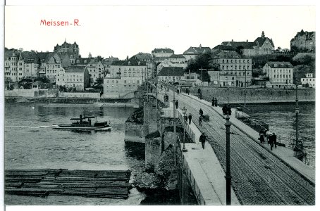 13234-Meißen-1911-Elbbrücke mit Fähre und Niederfähre-Brück & Sohn Kunstverlag