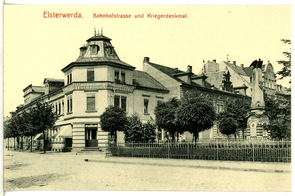 12561-Elsterwerda-1911-Bahnhofstraße und Kriegerdenkmal-Brück & Sohn Kunstverlag