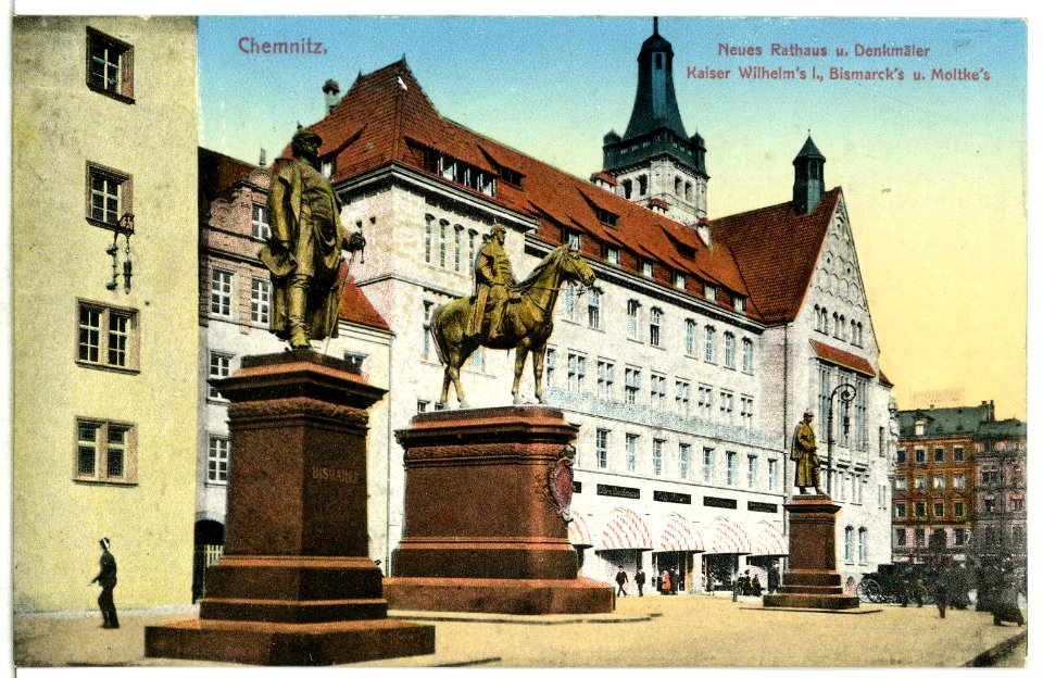 13071-Chemnitz-1911-Neues Rathaus, Denkm. Kaiser Wilhelms, Moltkes, Bismarcks-Brück & Sohn Kunstverlag