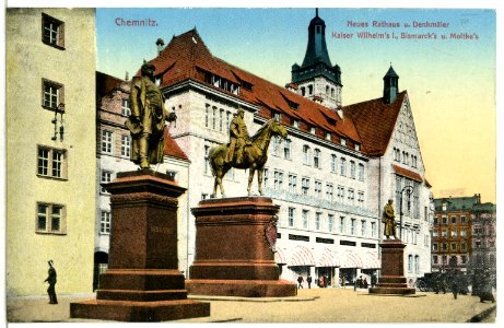 13071-Chemnitz-1911-Neues Rathaus, Denkm. Kaiser Wilhelms, Moltkes, Bismarcks-Brück & Sohn Kunstverlag