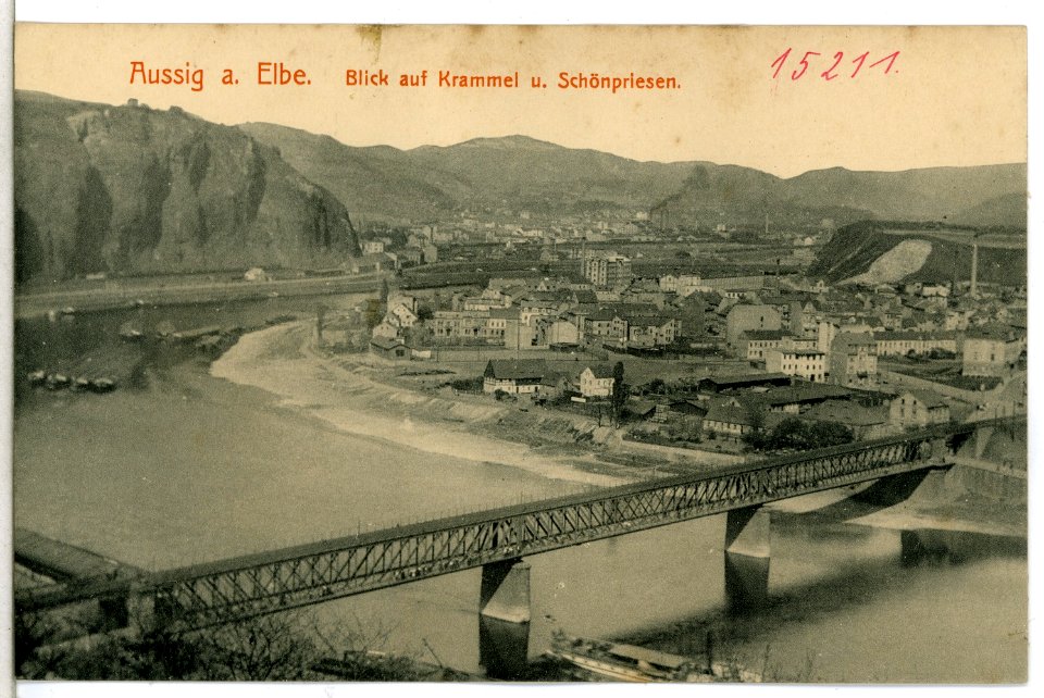 15183-Aussig-1912-Blick über die Brücke nach Schönpriesen und Krammel-Brück & Sohn Kunstverlag