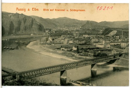 15183-Aussig-1912-Blick über die Brücke nach Schönpriesen und Krammel-Brück & Sohn Kunstverlag