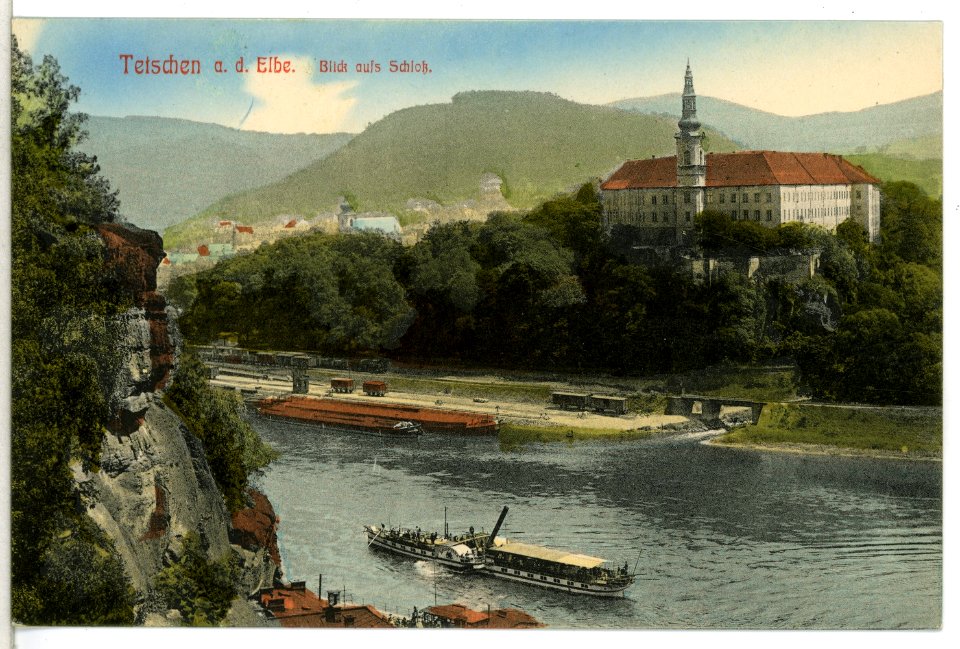 13364-Tetschen-1911-Blick aufs Schloß und Elbe m Dampfer Kronprinz-Brück & Sohn Kunstverlag