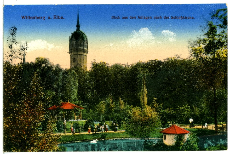 15140-Wittenberg-1912-Blick aus den Anlagen nach der Schloßkirche-Brück & Sohn Kunstverlag