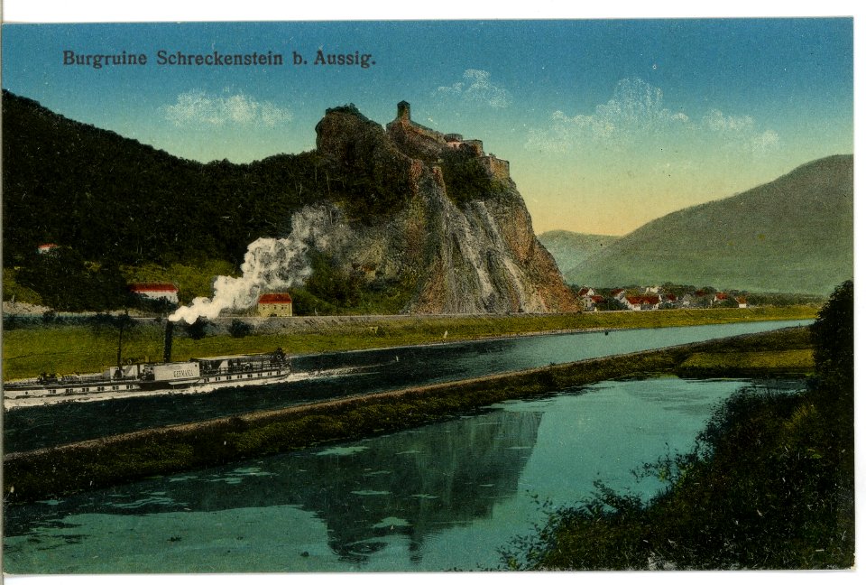 15404-Aussig-1913-Burgruine - Elbe mit Dampfer Germania-Brück & Sohn Kunstverlag