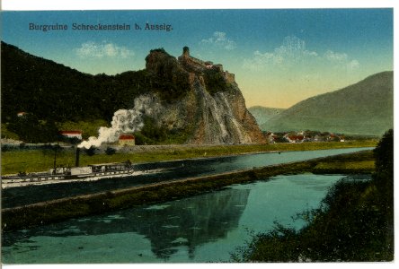 15404-Aussig-1913-Burgruine - Elbe mit Dampfer Germania-Brück & Sohn Kunstverlag