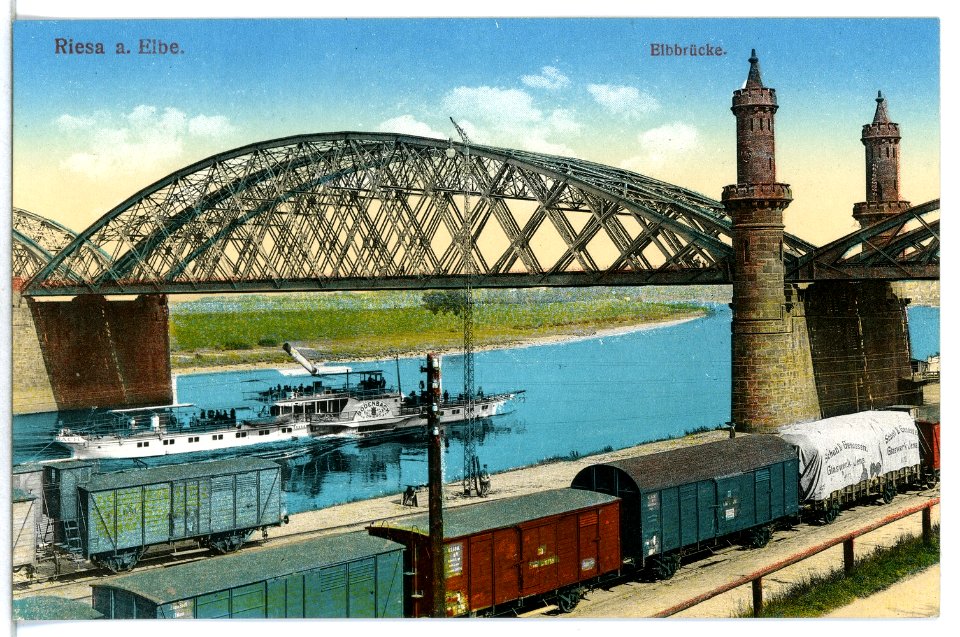 15194-Riesa-1912-Güterwagen, Brücke, Elbe mit Dampfer Bodenbach-Brück & Sohn Kunstverlag
