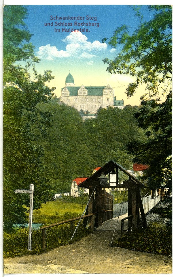15400-Rochsburg-1913-Schwankender Steg und Schloß Rochsburg-Brück & Sohn Kunstverlag