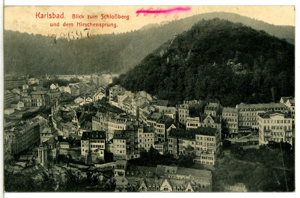13326-Karlsbad-1911-Blick zum Schloßberg und Hirschensprung-Brück & Sohn Kunstverlag