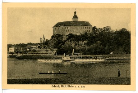 15730-Hirschstein-1913-Schloß mit Elbe und Dampfer-Brück & Sohn Kunstverlag