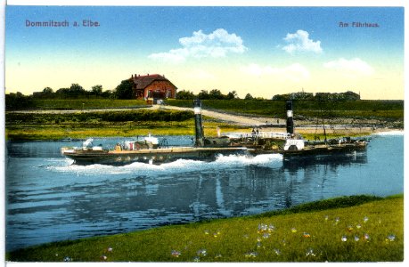 15157-Dommitzsch-1912-Elbe mit Schlepper Adler und Fährhaus-Brück & Sohn Kunstverlag