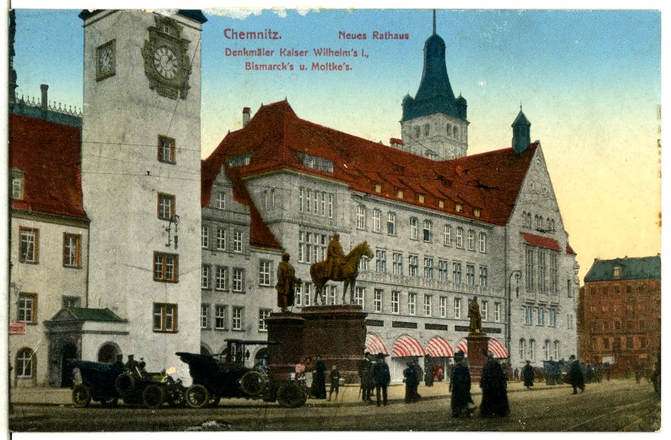 13072-Chemnitz-1911-Neues Rathaus, Denkm. Kaiser Wilhelms, Moltkes, Bismarcks-Brück & Sohn Kunstverlag