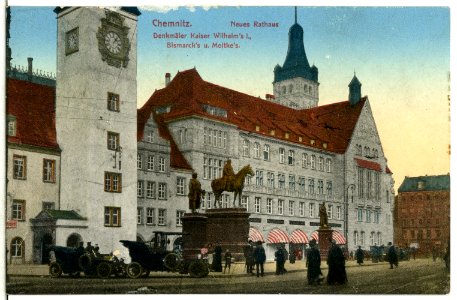 13072-Chemnitz-1911-Neues Rathaus, Denkm. Kaiser Wilhelms, Moltkes, Bismarcks-Brück & Sohn Kunstverlag