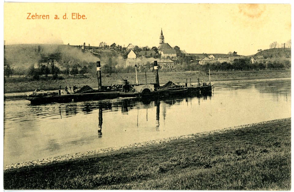15589-Zehren-1913-Blick auf Zehren mit Elbe und Schlepper-Brück & Sohn Kunstverlag