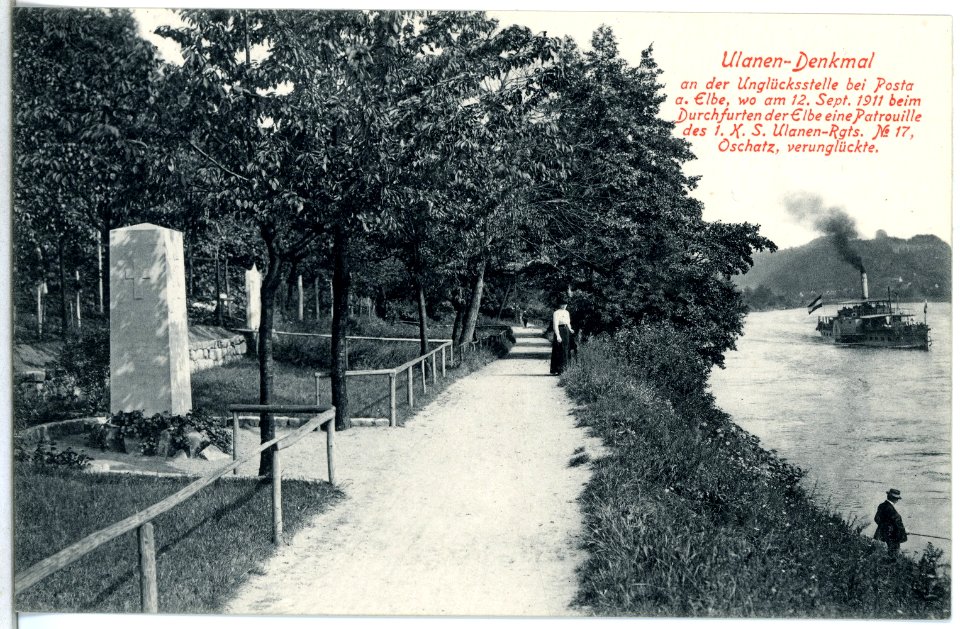15051-Pirna-Posta-1912-Ulanen-Denkmal - Elbe mit Dampfer-Brück & Sohn Kunstverlag