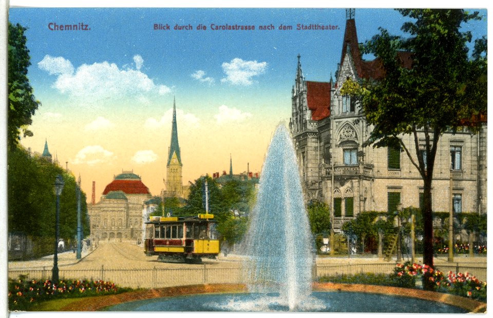15134-Chemnitz-1912-Carolastraße mit Straßenbahn und Stadttheater-Brück & Sohn Kunstverlag