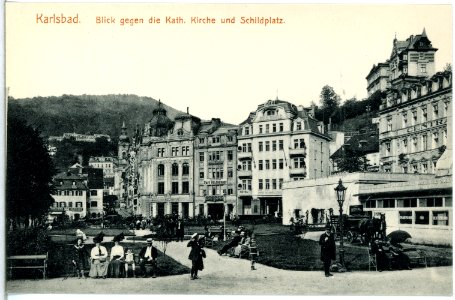 15053-Karlsbad-1912-Schildplatz und katholische Kirche-Brück & Sohn Kunstverlag