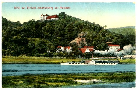 13068-Scharfenberg-1911-Schloß mit Elbe und Dampfer Austria-Brück & Sohn Kunstverlag
