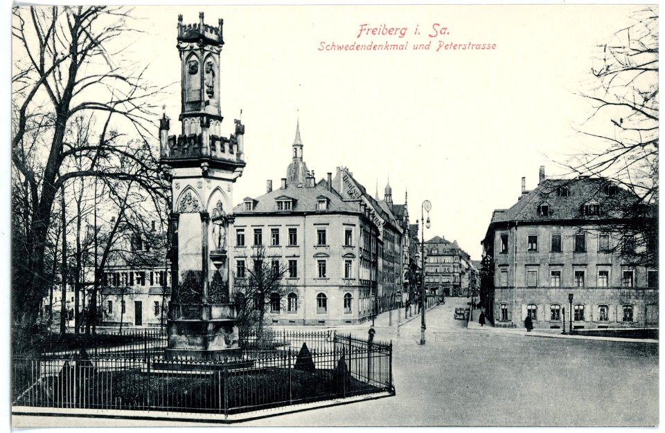 15664-Freiberg-1913-Schwedendenkmal und Petersstraße-Brück & Sohn Kunstverlag