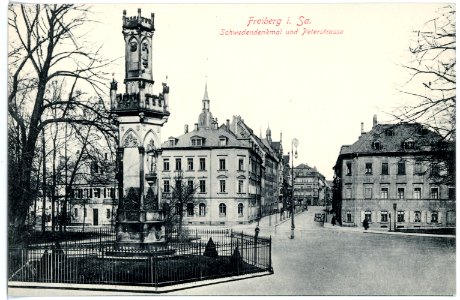 15664-Freiberg-1913-Schwedendenkmal und Petersstraße-Brück & Sohn Kunstverlag