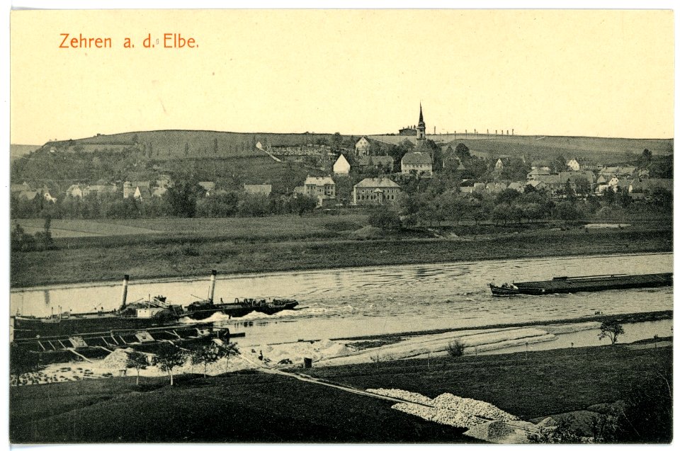 15588-Zehren-1913-Blick auf Zehren mit Elbe und Schleppzug-Brück & Sohn Kunstverlag