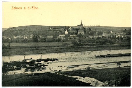 15588-Zehren-1913-Blick auf Zehren mit Elbe und Schleppzug-Brück & Sohn Kunstverlag