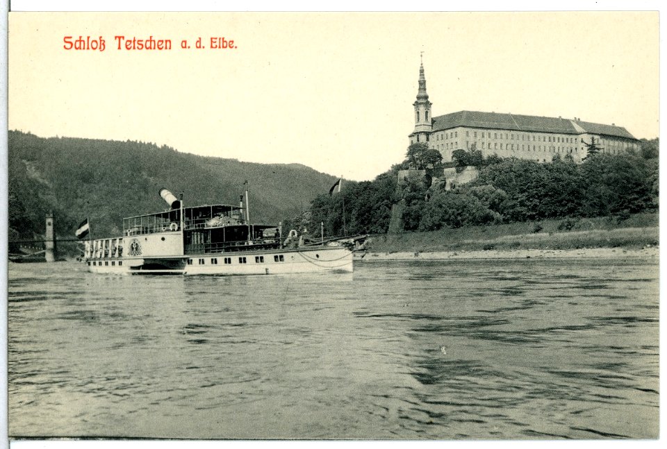 13366-Tetschen-1911-Schloß und Elbe mit Oberdeckdampfer-Brück & Sohn Kunstverlag