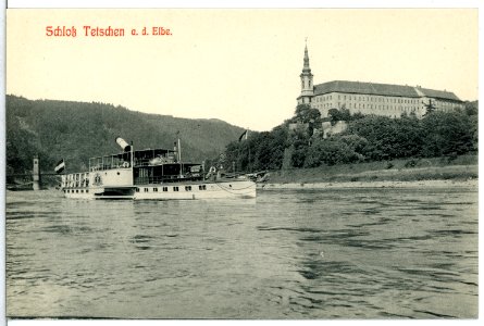 13366-Tetschen-1911-Schloß und Elbe mit Oberdeckdampfer-Brück & Sohn Kunstverlag