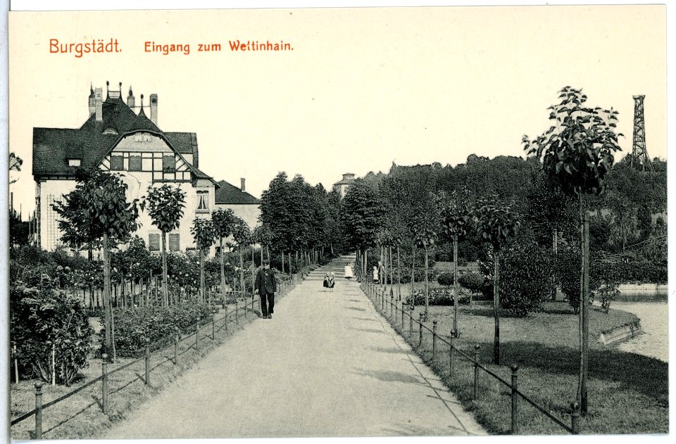 14973-Burgstädt-1912-Eingang zum Wettinhain-Brück & Sohn Kunstverlag