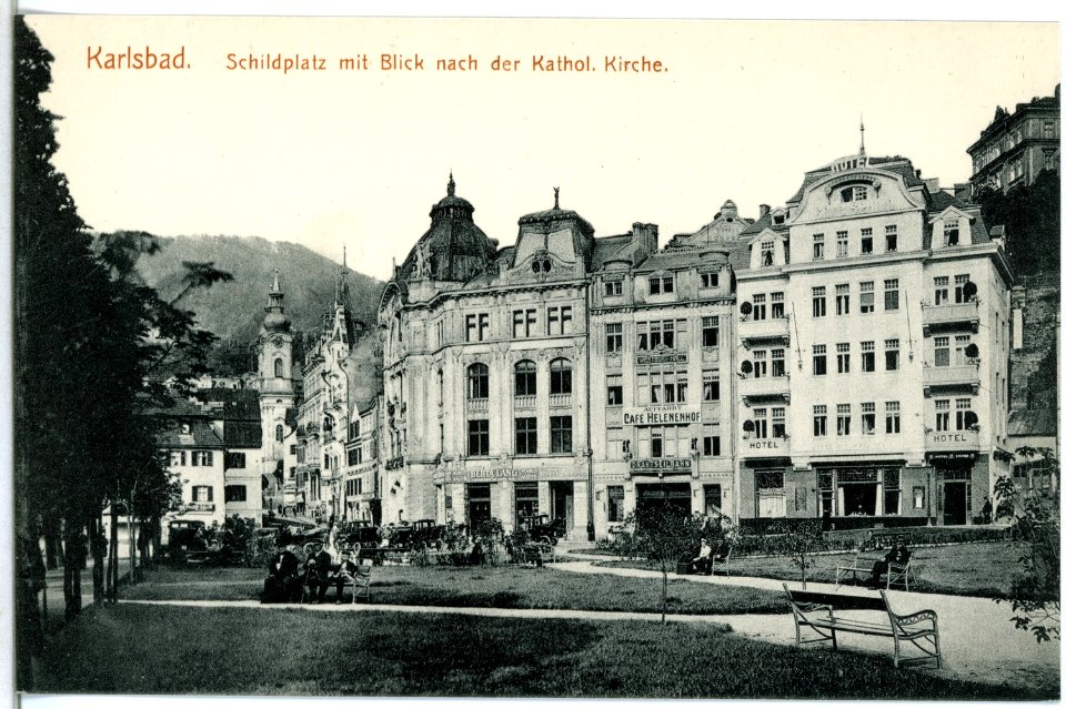 15054-Karlsbad-1912-Schildplatz und katholische Kirche-Brück & Sohn Kunstverlag
