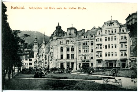 15054-Karlsbad-1912-Schildplatz und katholische Kirche-Brück & Sohn Kunstverlag photo