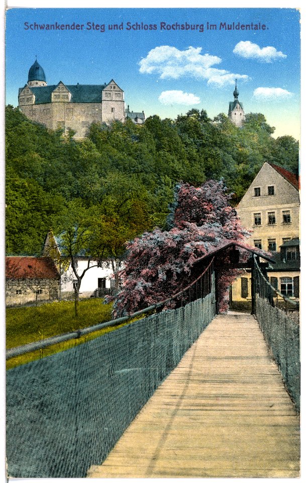 15401-Rochsburg-1913-Schwankender Steg und Schloß Rochsburg-Brück & Sohn Kunstverlag