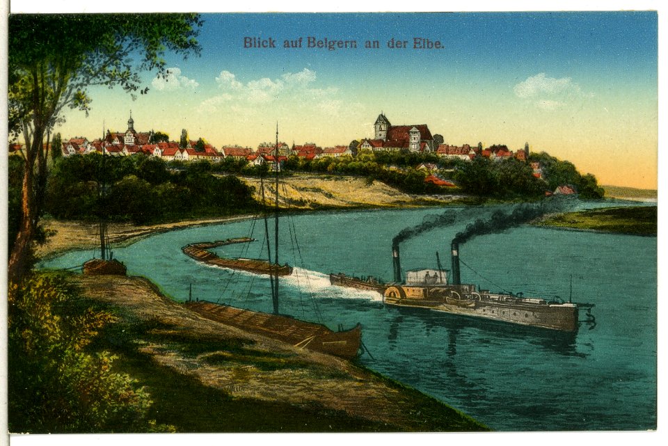 15324-Belgern-1913-Blick auf Belgern - Elbe mit Schleppzug-Brück & Sohn Kunstverlag