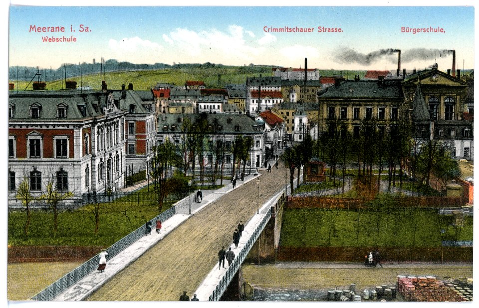 15520-Meerane-1913-Crimmitzschauer Straße, Webschule, Bürgerschule-Brück & Sohn Kunstverlag