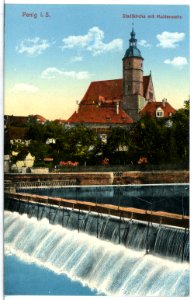 15172-Penig-1912-Stadtkirche mit Muldenwehr-Brück & Sohn Kunstverlag