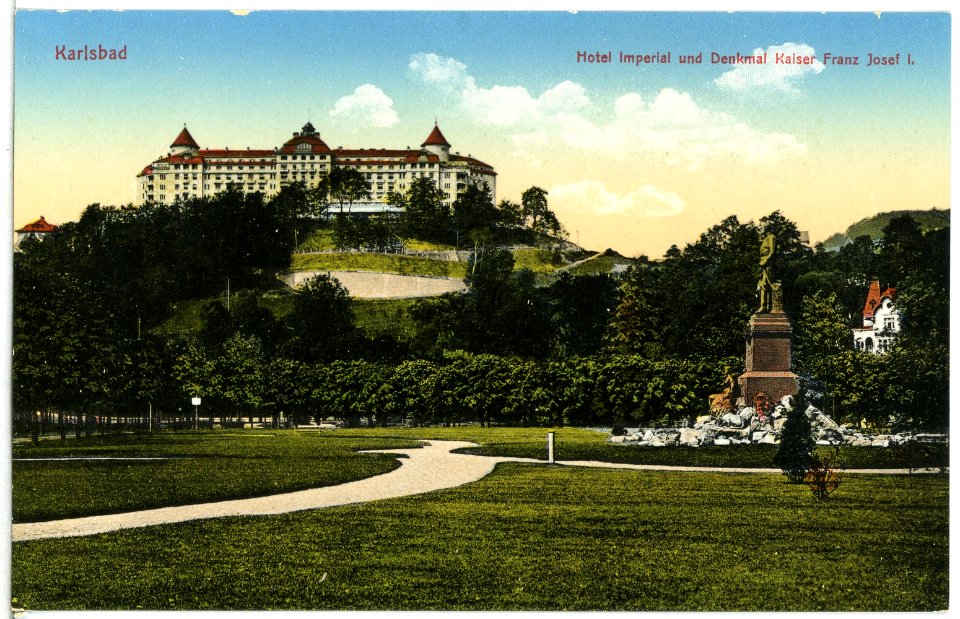 15446-Karlsbad-1913-Hotel Imperial und Denkmal Kaiser Franz Josef I.-Brück & Sohn Kunstverlag