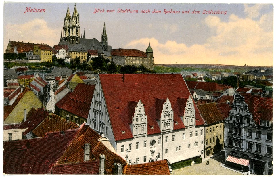 15582-Meißen-1913-Blick vom Stadturm auf Rathaus und Burgberg mit Dom-Brück & Sohn Kunstverlag