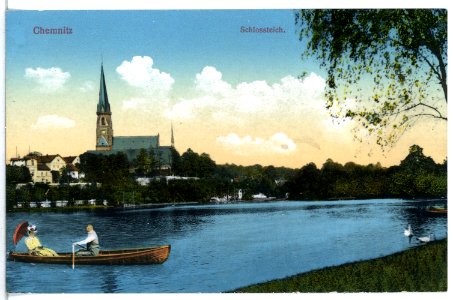 15147-Chemnitz-1912-Schloßteich mit Ruderkahn, Schloßkirche-Brück & Sohn Kunstverlag
