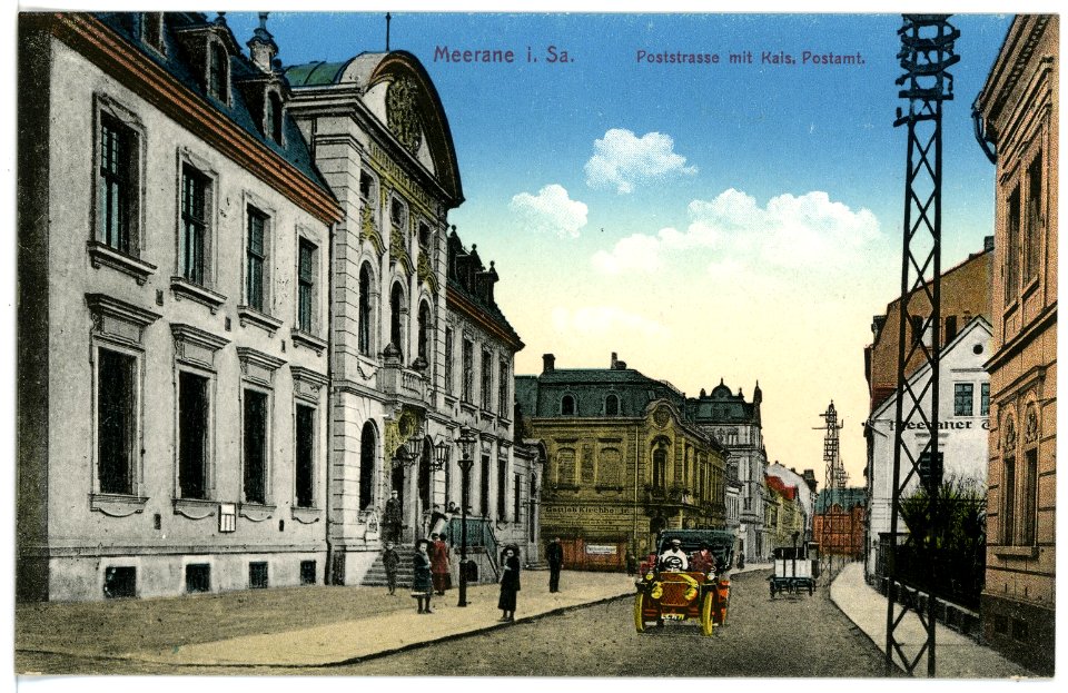 15515-Meerane-1913-Poststraße und Post mit PKW-Brück & Sohn Kunstverlag